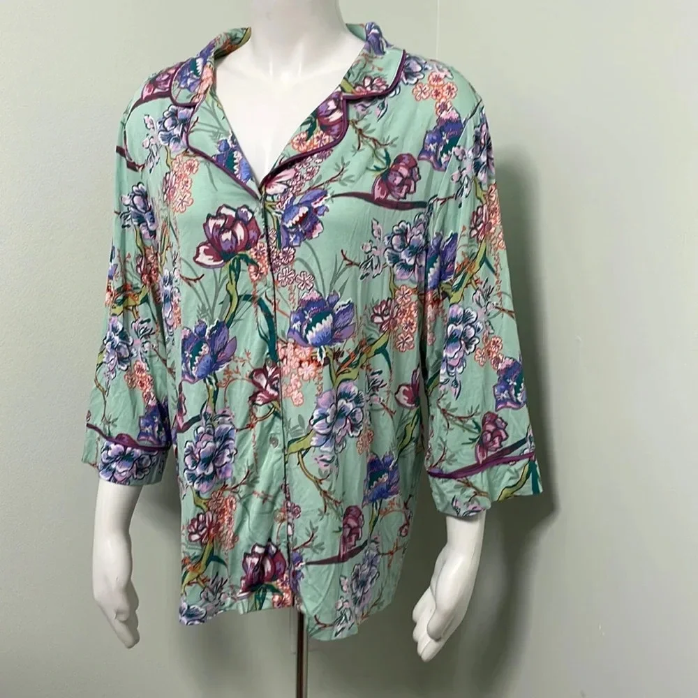 Soft Surroundings Green Floral PJ Shirt